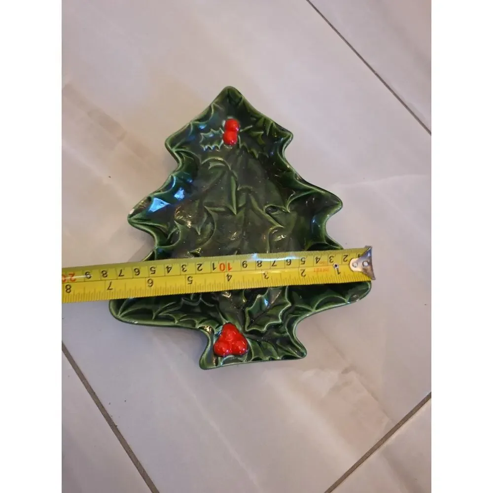 Vintage Lefton Green Holly Christmas Tree Candy Dish , Holly Berries‎ 1971/72